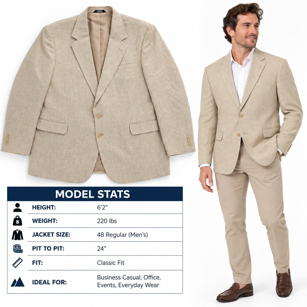 Haggar Mens 48R Blazer Beige Linen Blend 2 Button Classic Fit Sport Coat